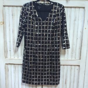 Metaphor, Black And Silver Window Pane Sequin Dress. Size 10